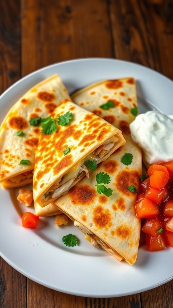 Cheesy Chicken Quesadilla Recipe Golden-brown chicken quesadillas cut into wedges, garnished with cilantro, served with salsa and sour cream on a rustic table.